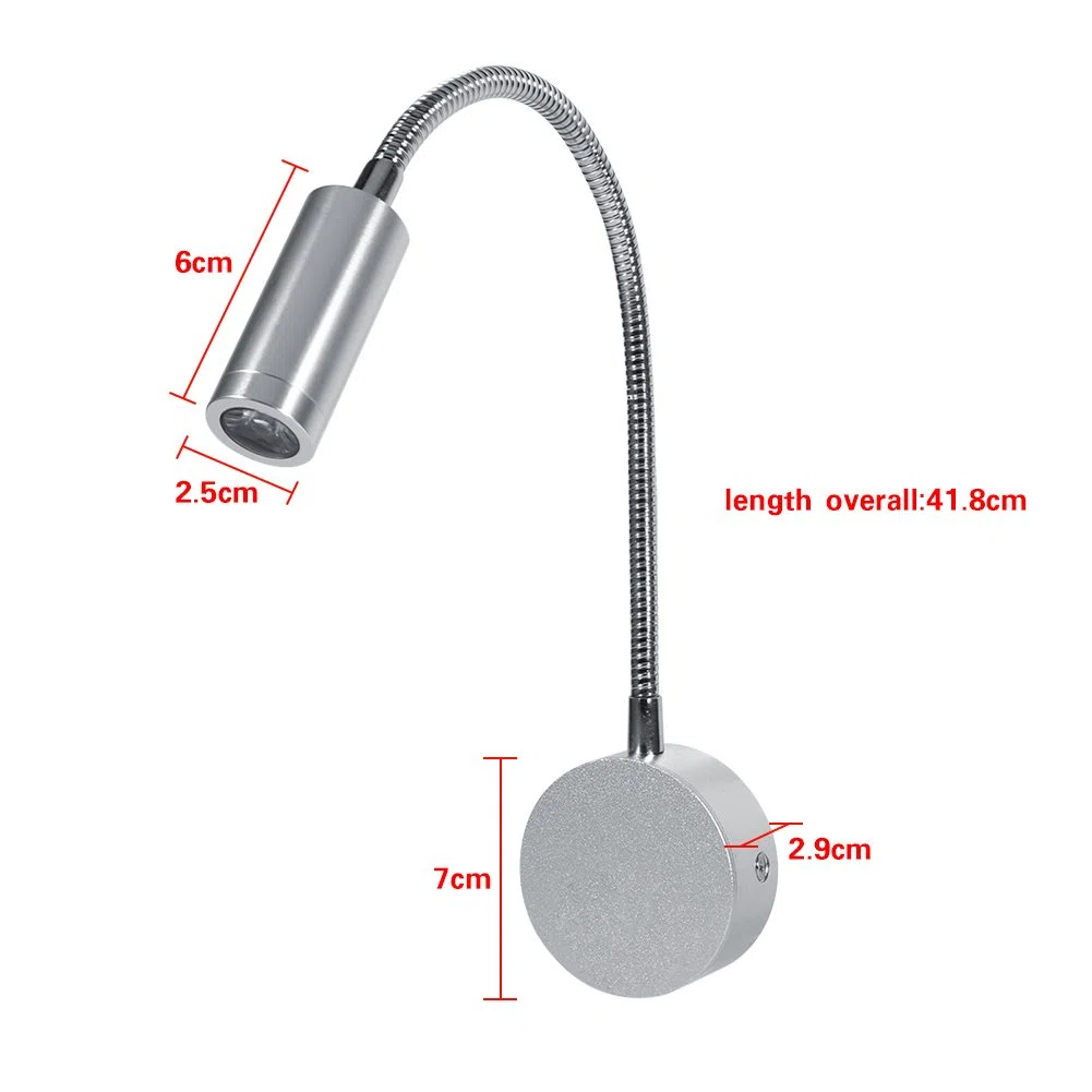 Lampada da Parete LED Regolabile con Collo di Cigno, 1W/3W Luce Calda 3000K, Lampada da Lettura Senza Fili a Batteria per Camera da Letto, Soggiorno, Ufficio, Argento