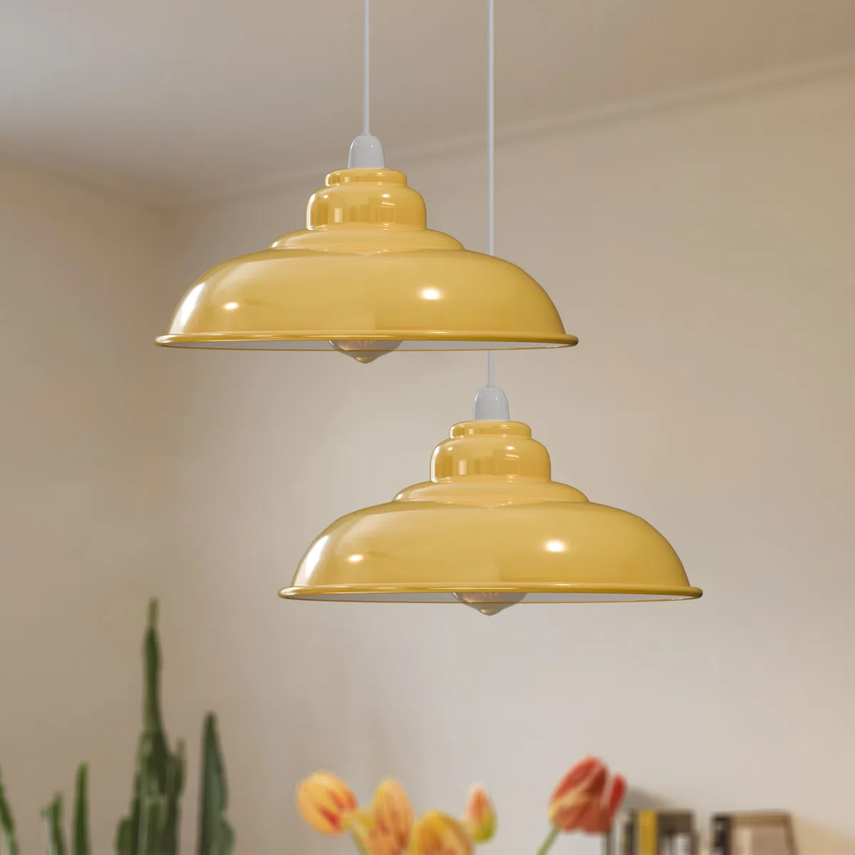 LEDSone Vintage Industrial Pendant Light Easy Fit with Metal Lampshade with Reduction Plate E27 for Bedroom Living Room (Giallo)