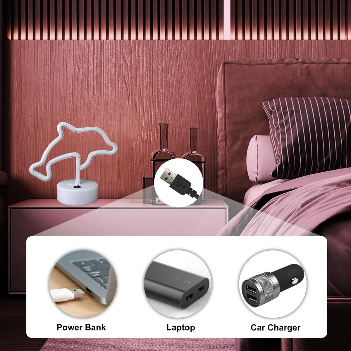 Aslanka Luce notturna a LED con delfino – USB/batteria, luce al neon per camera da letto, decorazione per bambini, decorazione del salone di anniversario (rosa)