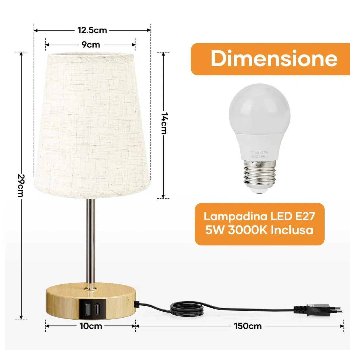 Suright Lampada da Comodino con Controllo Touch e 3 Livelli di Luminosità, Abat Jour da Comodino con Porte di Ricarica USB A+C, Lampada da Tavolo per Camera da Letto Soggiorno (Lampadina Inclusa)