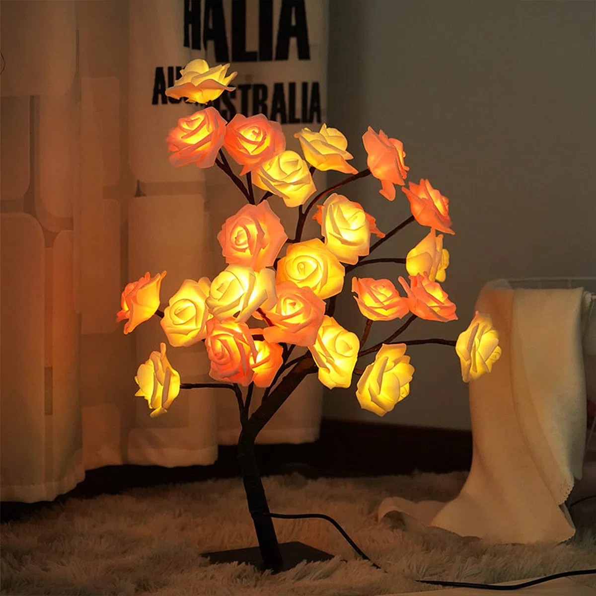 BEIJIALY Lampada Rosa, Lampada Albero Fiore Rosa, Lampada da Tavolo LED Rosa, Luce Notturna LED Rosa Alimentata a Batteria USB, Luce Notturna LED Albero Bonsai Artificiale per Decorazioni(Blu)
