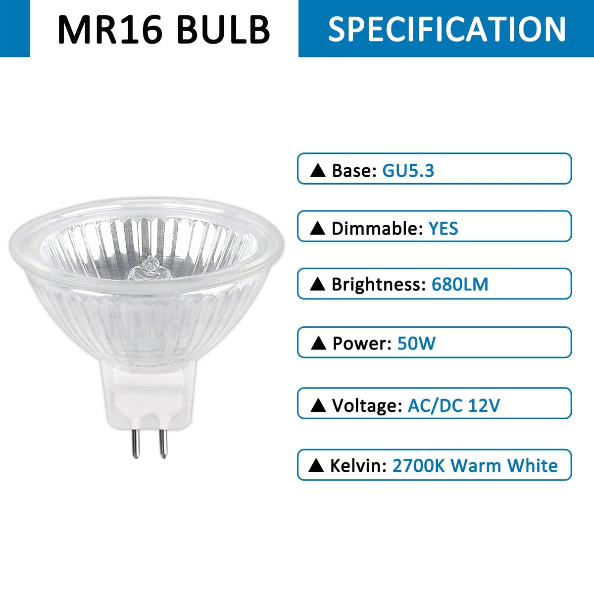 Lampadina Alogena GU5.3 12V 50W, MR16 Dimmerabile Lampada Alogena Riflettore, 680lm Bianco Caldo 2700K, Faretti Alogeni GU5.3 per Illuminazione della pista, Illuminazione da incasso, Confezione da 6