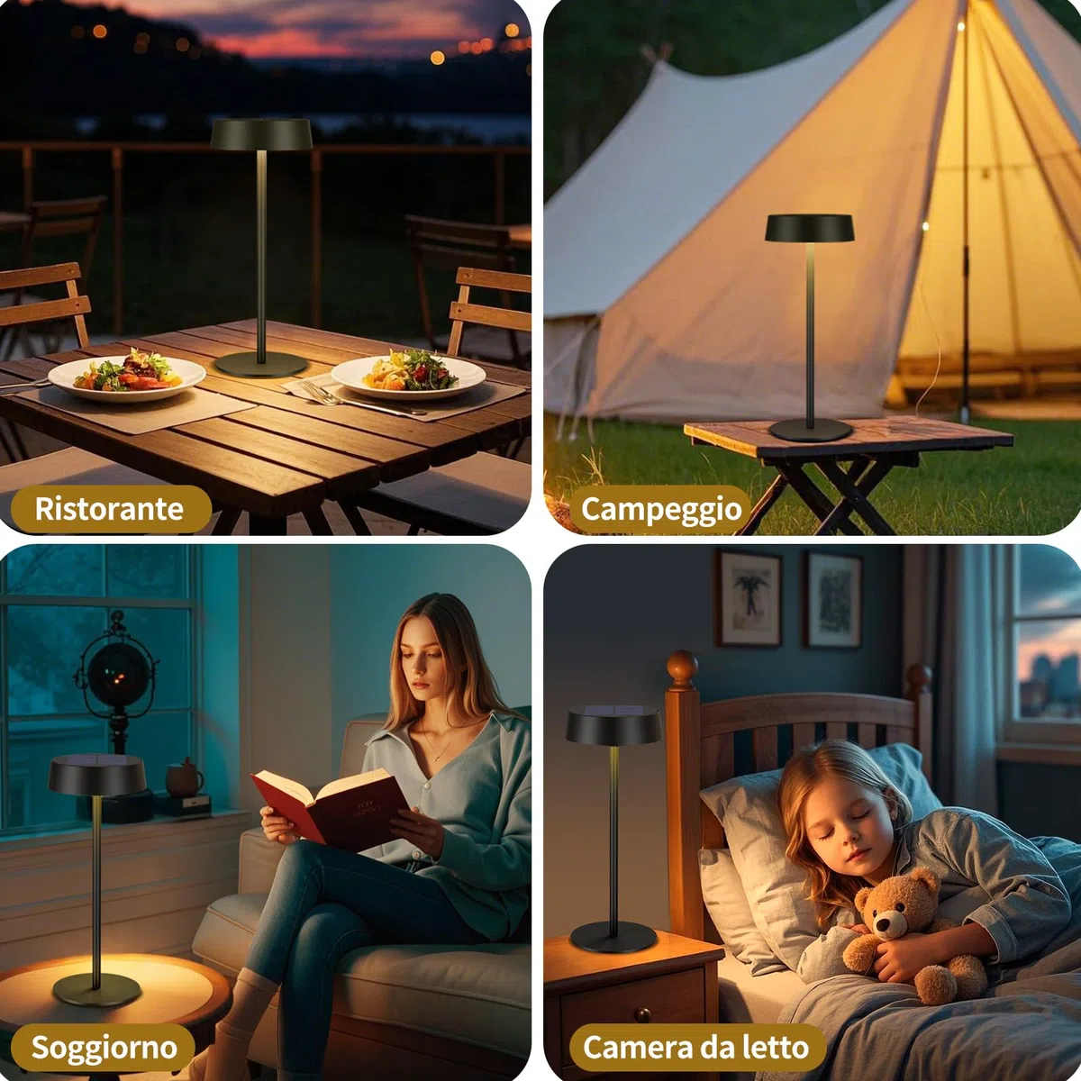 Suright Lampada da Tavolo Solare Senza Fili, Lampada da Comodino Ricaricabile a Energia Solare e USB-C, 3 Modalità Colore, Luminosità Regolabile, IP65 Impermeabile per Uso Interno ed Esterno