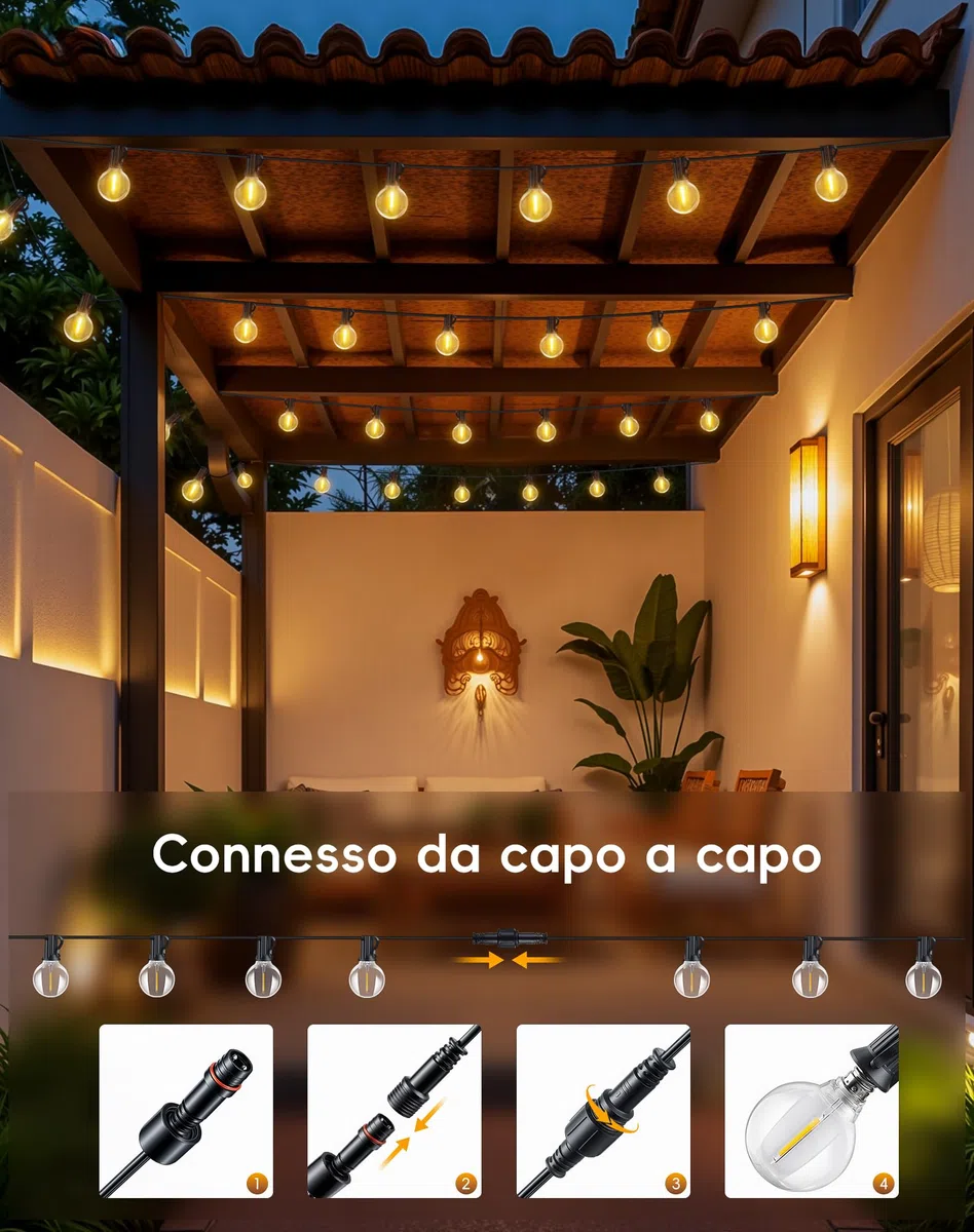 Catena Luminosa Esterno Luci-Giardino 9M - 30Ft G40 Luci da Esterno Gazebo LED Lampadine Terrazzo Filo Lucine Impermeabile lampade Giardino Interno Fila Luminosa per Balcone Bianco Caldo