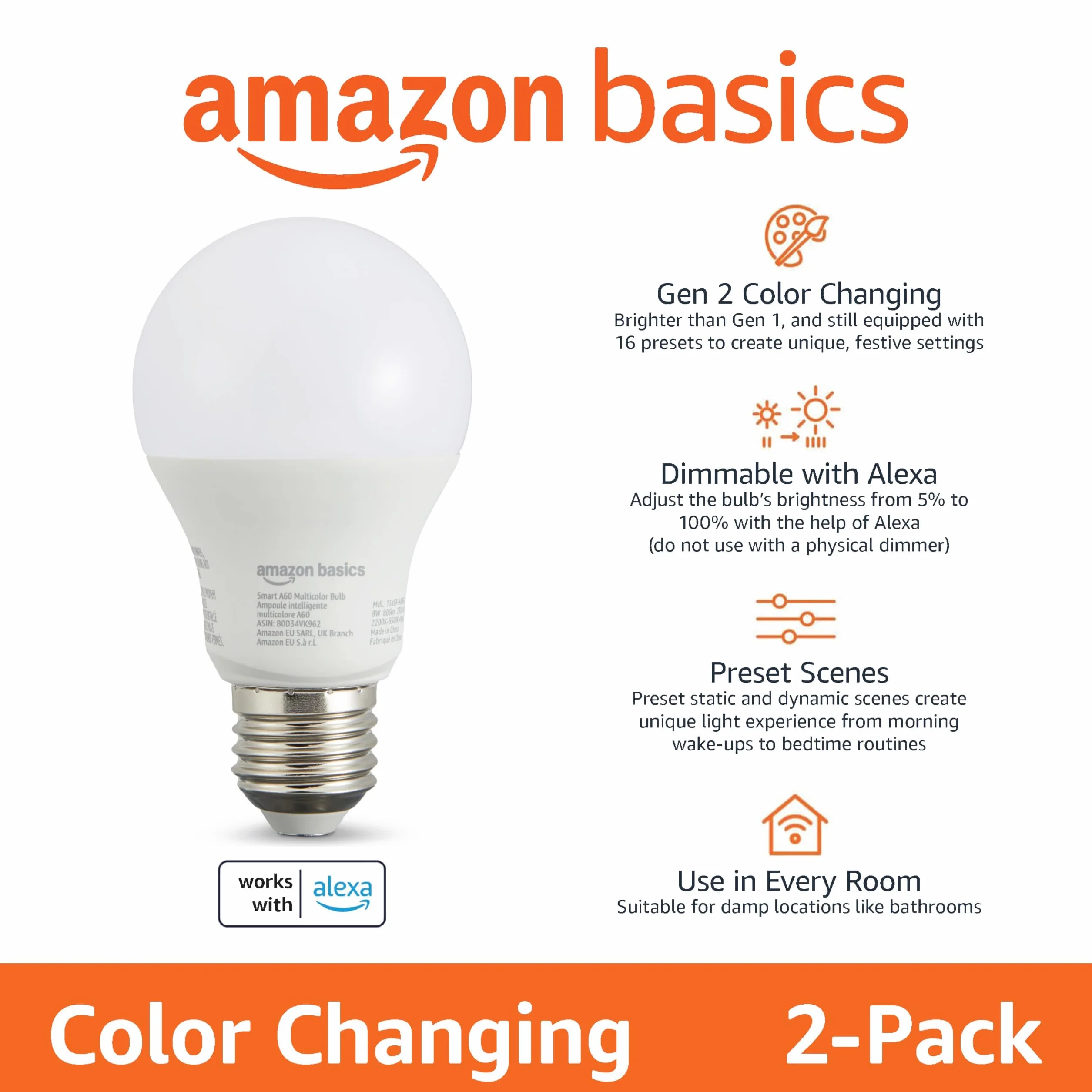 Amazon Basics Lampadina LED intelligente, multicolore, con attacco E27, 8W (equivalente a 60W), compatibile solo con Alexa, 2 confezione