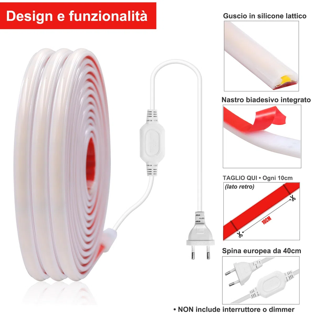 XUNATA Tira de LED COB 220V con Cinta Adhesiva, Alto Brillo 240 LED/m, IP65 Impermeable, Corte de 10cm, Luz de Cuerda Flexible con Alimentación (Blanco Cálido, 2m)