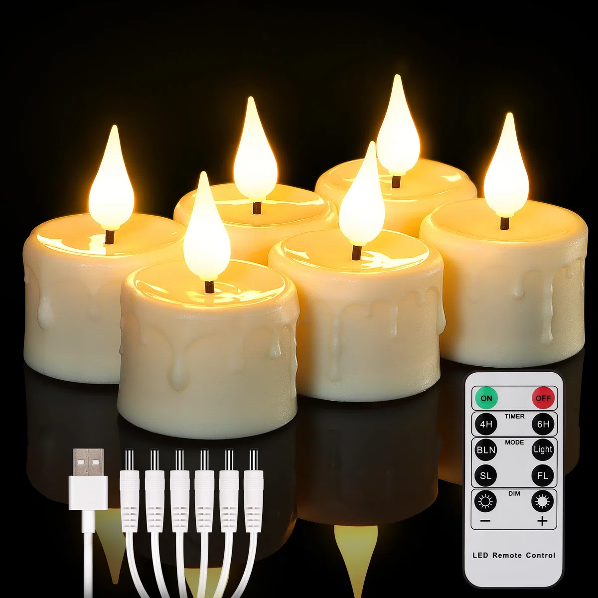 FREEPOWER 6 candele lumini LED ricaricabili con telecomando timer tremolante, luce bianca calda, dimmerabili, candele elettriche con cavo USB, decorazione per Halloween Natale, diametro 4 x 5,5 cm