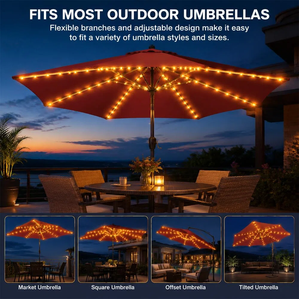 Luci per Ombrellone da Esterno LED con Telecomando 8 Modalità, Catena Luminosa Impermeabile IP65, Illuminazione Giardino e Terrazzo, Decorazione per Ombrelloni e Tende, Bianco Caldo (104 LED)