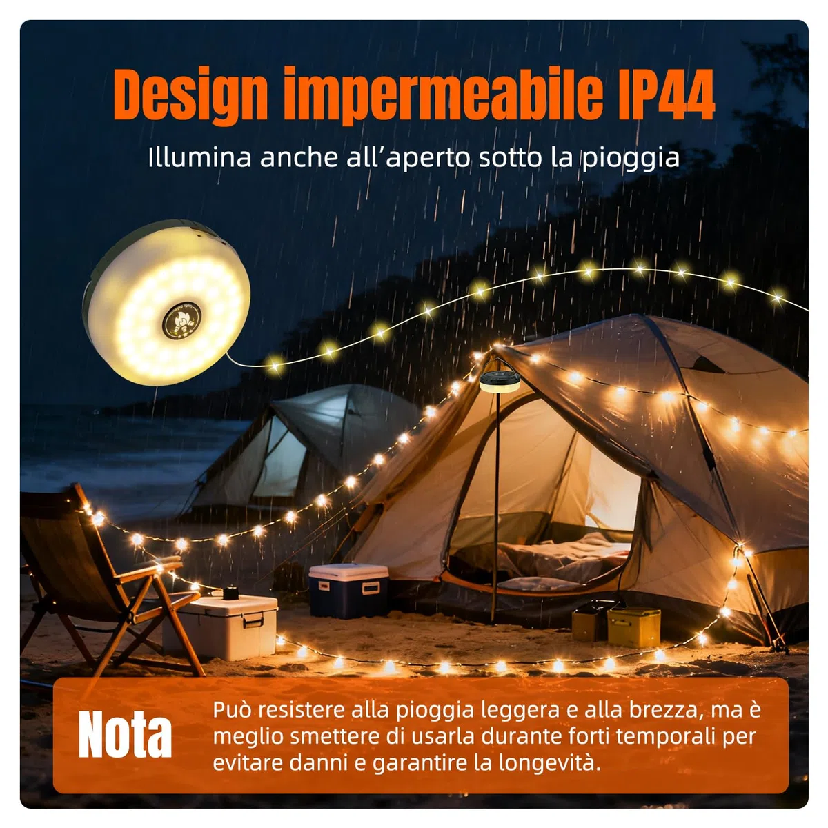 Luci da Campeggio da 10 m, luci Solari da campeggio,Luci LED Ricaricabili Portatili e Retrattili con Telecomando, 5 Modalità, Ricarica USB-C/Solare, Magnetiche, IP44, Bianco caldo, Multicolore