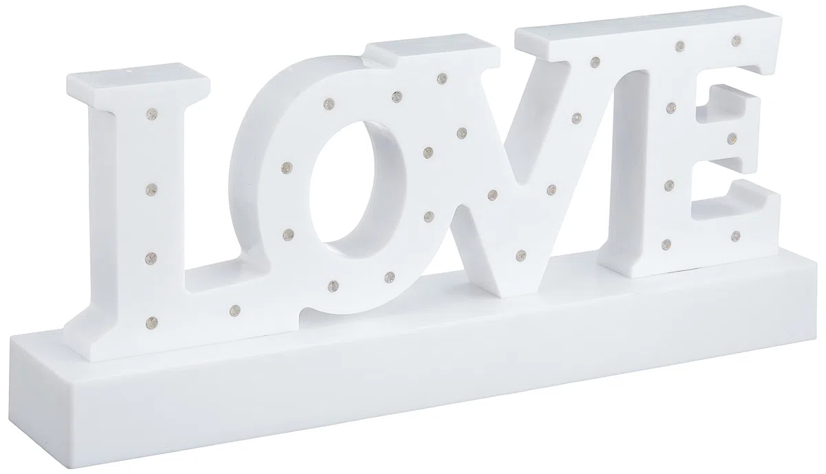 Scritta in plastica bianca, Love, con 27 LED bianco caldo, ca. 30 x 12 cm, per 3 pile mignon (AA), in confezione regalo