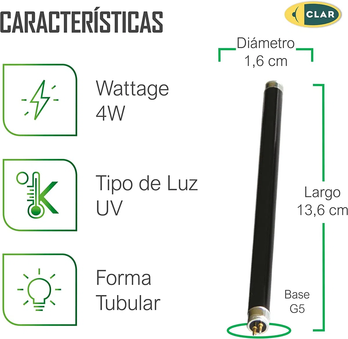 CLAR - Luce nera ultravioletta, luce da discoteca, lampada UV, lampadine di illuminazione ultravioletta, luci al neon, tubi UV fluorescenti (4 Watts T5, Pack 2)