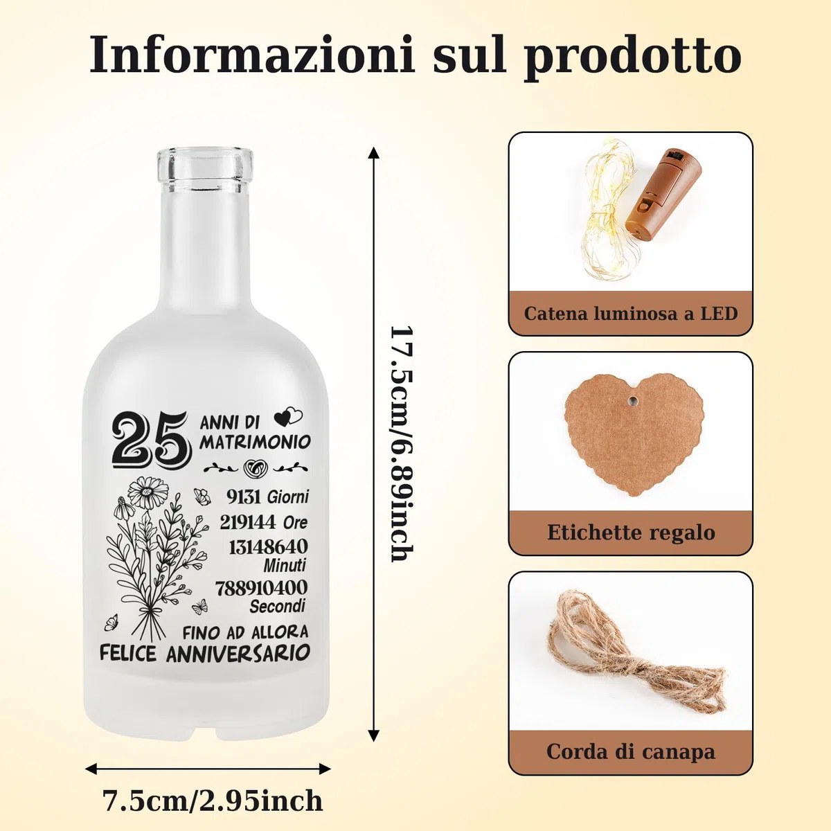 25 Anni Matrimonio Regali - Lampada Notturna di Vetro Opaco, Regalo 25 Anni Matrimonio, Regalo 25 Anniversario per Lui Lei, Regalo 25 Anniversario