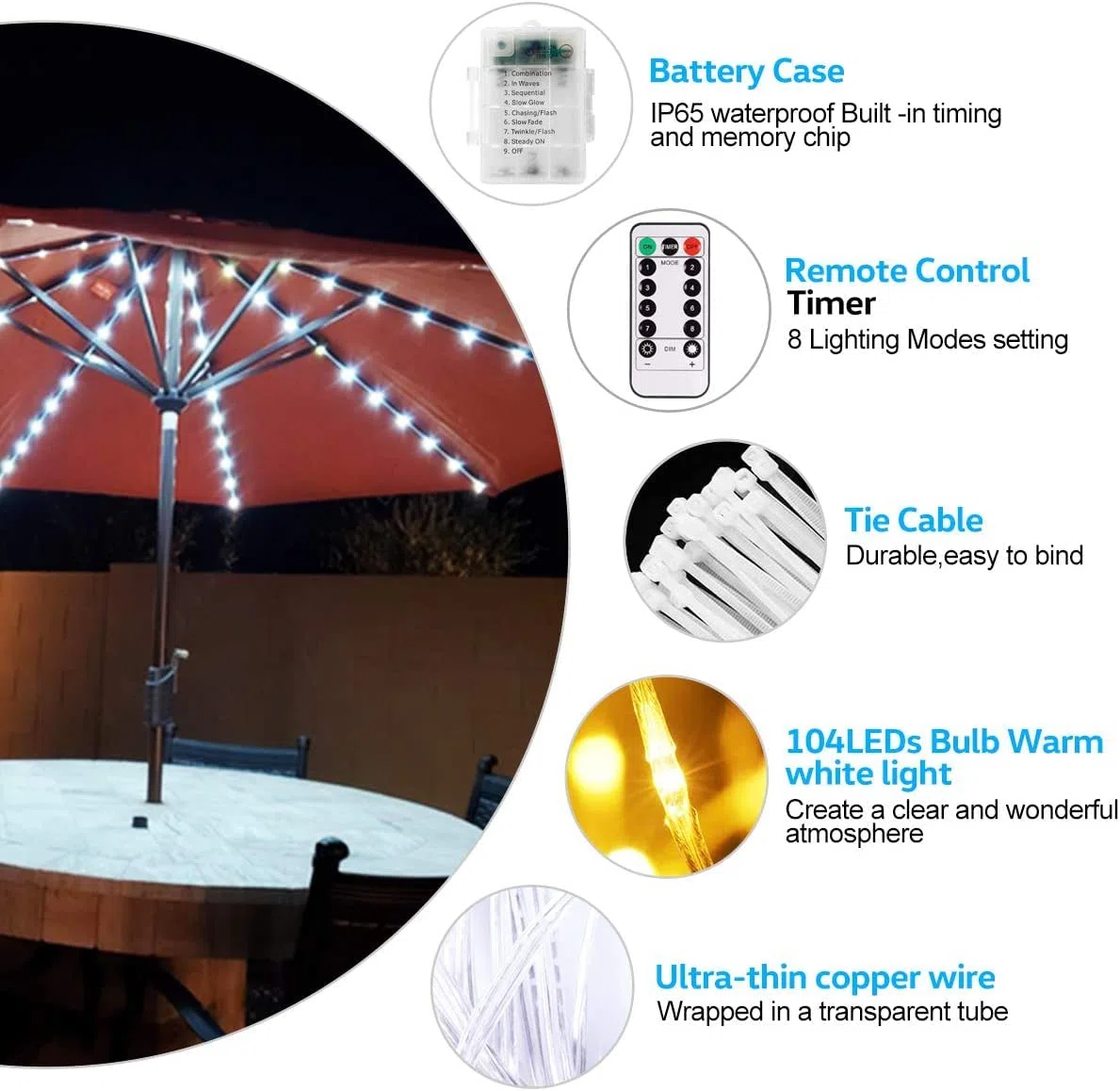 Illuminazione per ombrellone, catena di luci a LED per ombrellone da giardino, protezione IP68, strisce luminose LED (8 fili x 1,3 m, 3000 k)