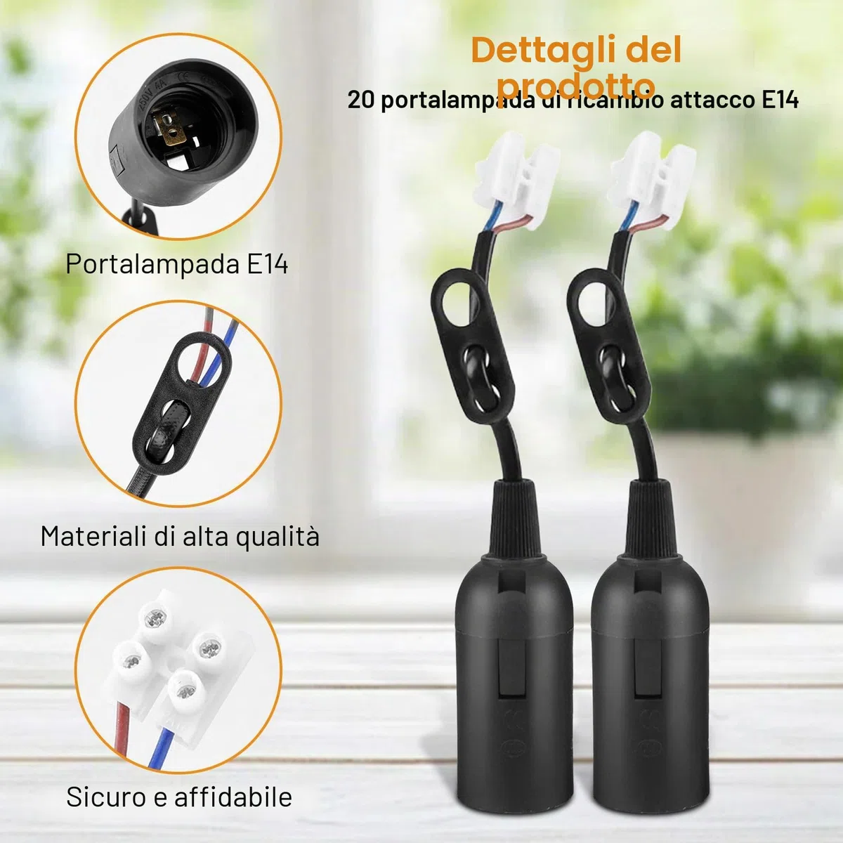HOSPAOP Portalampada E14, 20 pezzi, con cavo, attacco E14, per ristrutturazione, con 1 tester di tensione VDE, colore nero