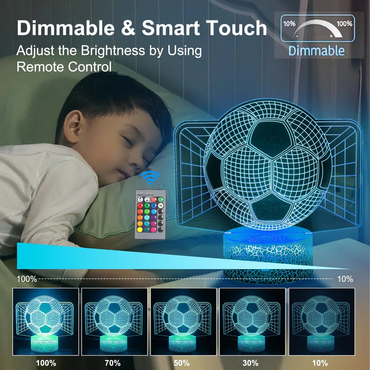 Luce Notturna Calcio per Bambini, Telecomando 16 Cambia Colore Dimmerabile, Lampada da Illusione 3D Luce LED, Regali di Natale per Ragazze Ragazzi Soggiorno Arredamento Camera da Letto