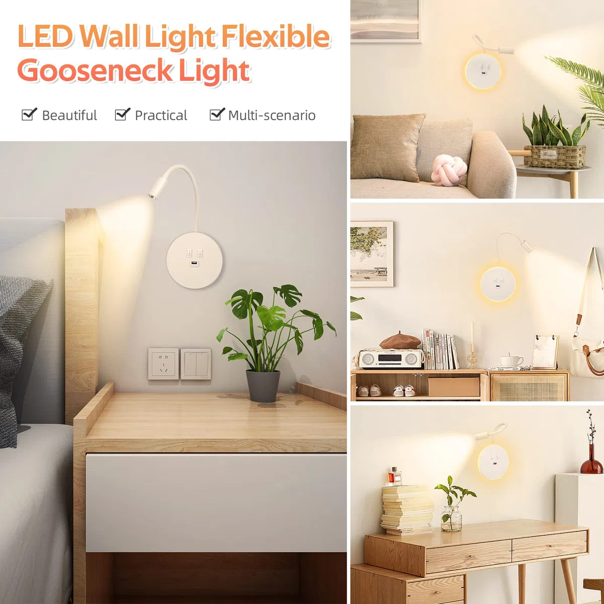 Weigudoc Lampada da Lettura a Collo D'oca a LED, Lampada da Parete, Lampada da Lettura da Comodino, Lampada da Parete Regolabile da Comodino con Porta di Ricarica USB e Interruttore(White)