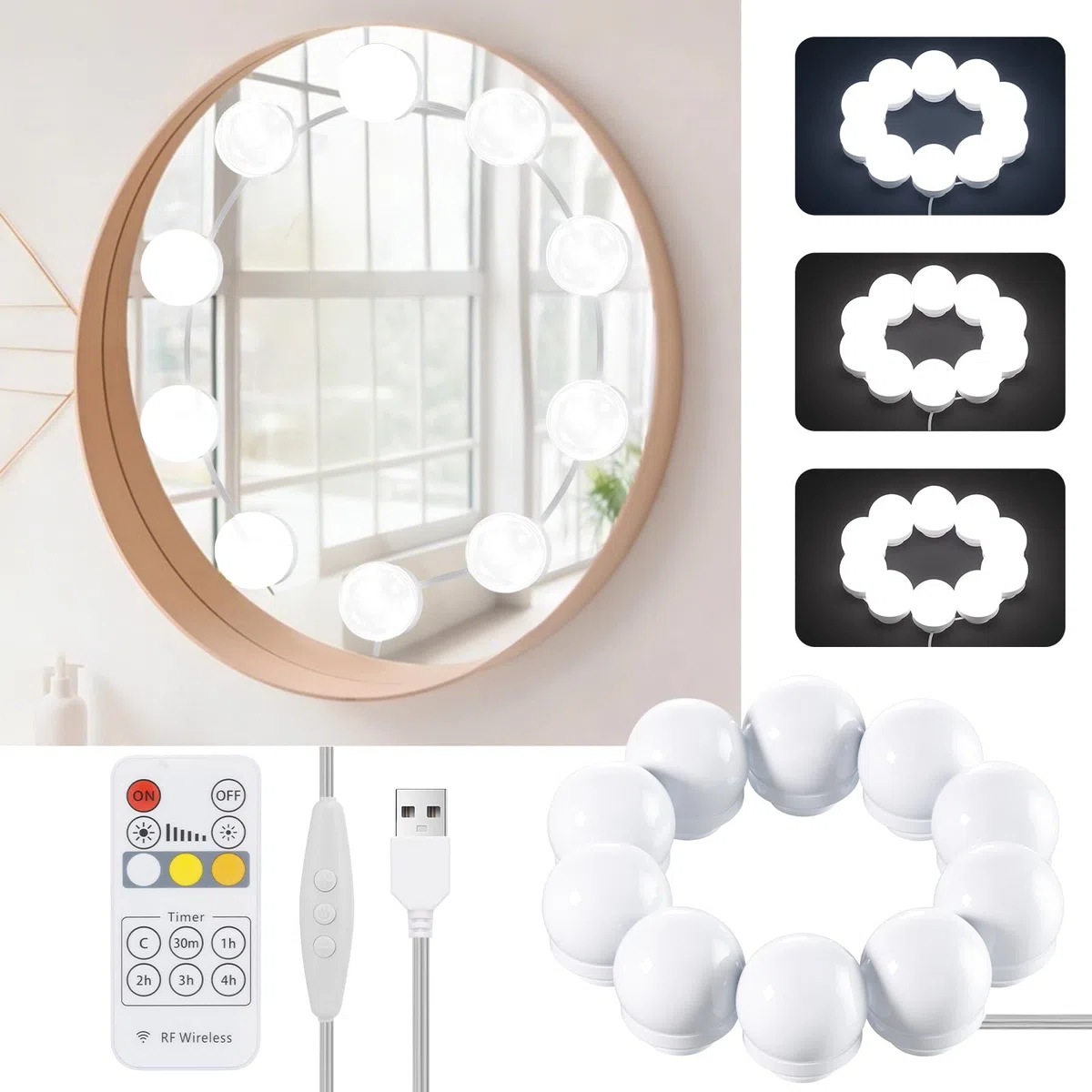 Luci per Specchio da Trucco,10 Lampadine Dimmerabili Luce Specchio Bagno Hollywood per Trucco con Controllo remoto RF Cavo USB Regolabile, 3 Colori e 10 Intensità Kit Luci LED Specchio Camera da Letto