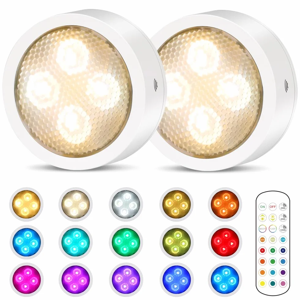 Onumii Luce LED Sottopensile Cucina Luci LED a Batteria Adesive con Telecomando, Luci LED Colorate RGB Luce Notturna per Armadio, Libreria, Scaffale, Pacco da 2 - Bianco