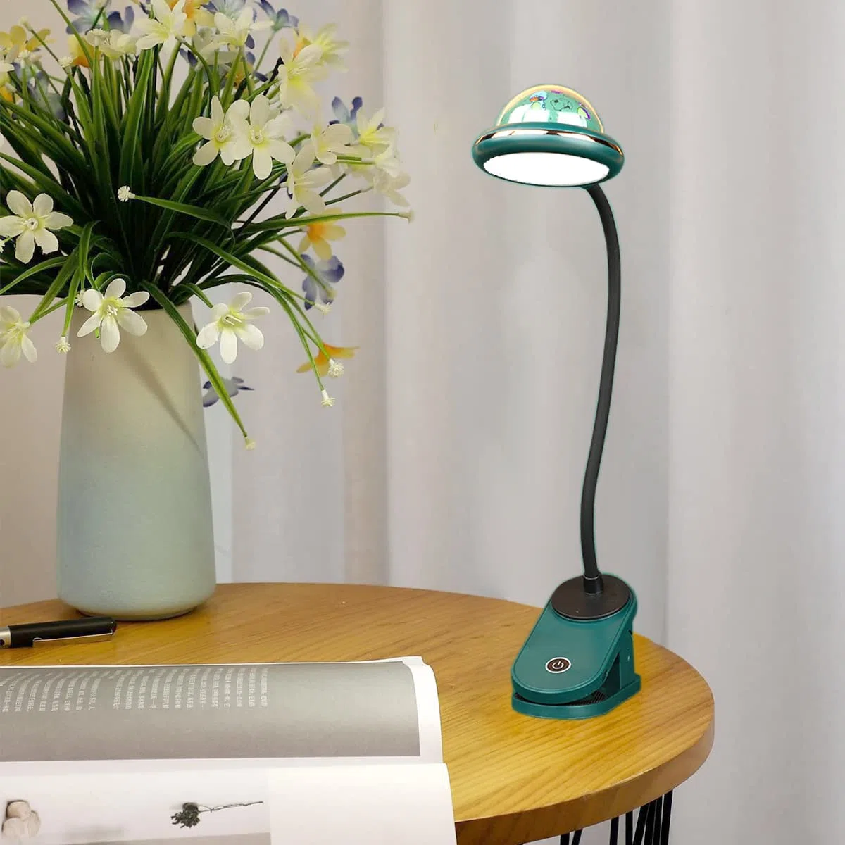 ACMHNC Lampada da Lettura Bambini con Pinza, USB Ricaricabile LED Lampada con Pinza con Proiezione Di Stelle, Verde Lampada da Scrivania Bambini Touch Dimmerabile, 4000K,per lettura, Studio, Letto