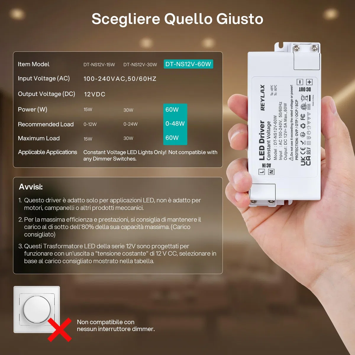 REYLAX Alimentatore LED 12V 60W, Trasformatore 220 12V Alimentatore 5A, Trasformatori Interruttore AC to DC, LED Driver di Tensione Costante, per Bassa Tensione Striscia Led, Lampade G4 MR16 MR11