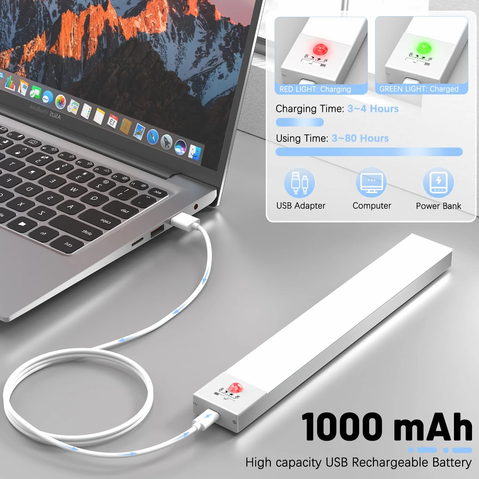 OUILA Luce Armadio LED con Sensore di Movimento Luci Notturna 36 LED 4 Modalità Lampada Guardaroba Luce da Esposizione 1000mAh USB Ricaricabile Cucina, Scale, Corridoio, Garage - 23cm*2 Pezzi