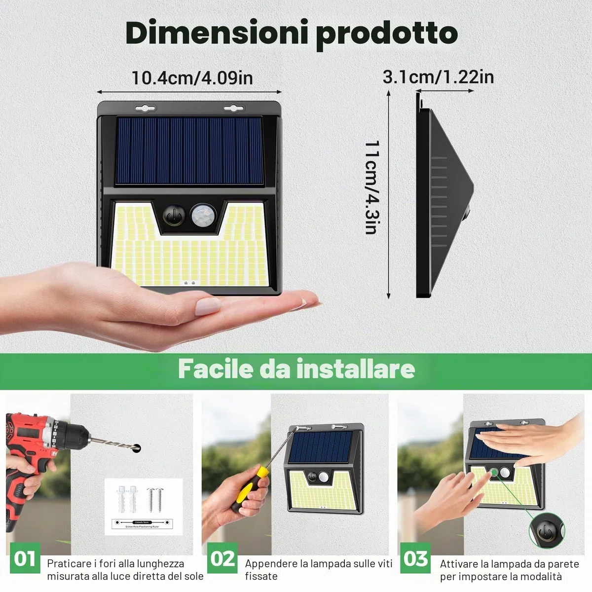 LOTMOS 4 Pezzi Luce Solare Led Esterno, 176 LED Faretto LED da Esterno con Sensore di Movimento, IP65 Impermeabile 3 Modalità Luci Lampada Solare da Esterno per Giardino Garage, Bianco Freddo