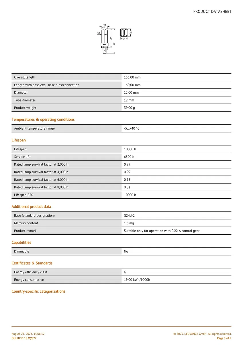 LAMPADA DULUX D G24-d2 OSRAM 18W LUCE CALDA 2700K 827