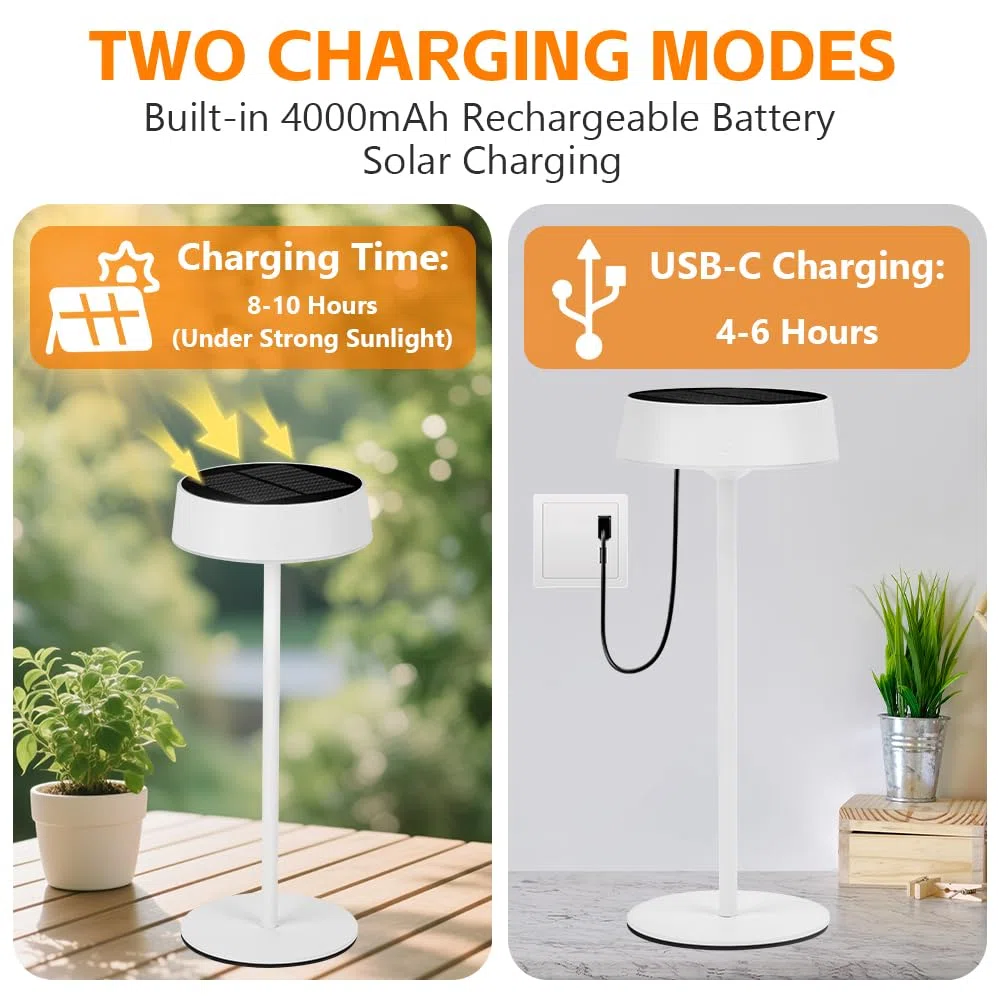 HOTUT Lampada da Tavolo Solare LED Dimmable all'aperto, Lampada da Tavolo a LED Senza Fili per Interni ed Esterni, Carica Solare e USB 2 in 1, IP65 Impermeabile, per Giardino Campeggio Camera da Letto