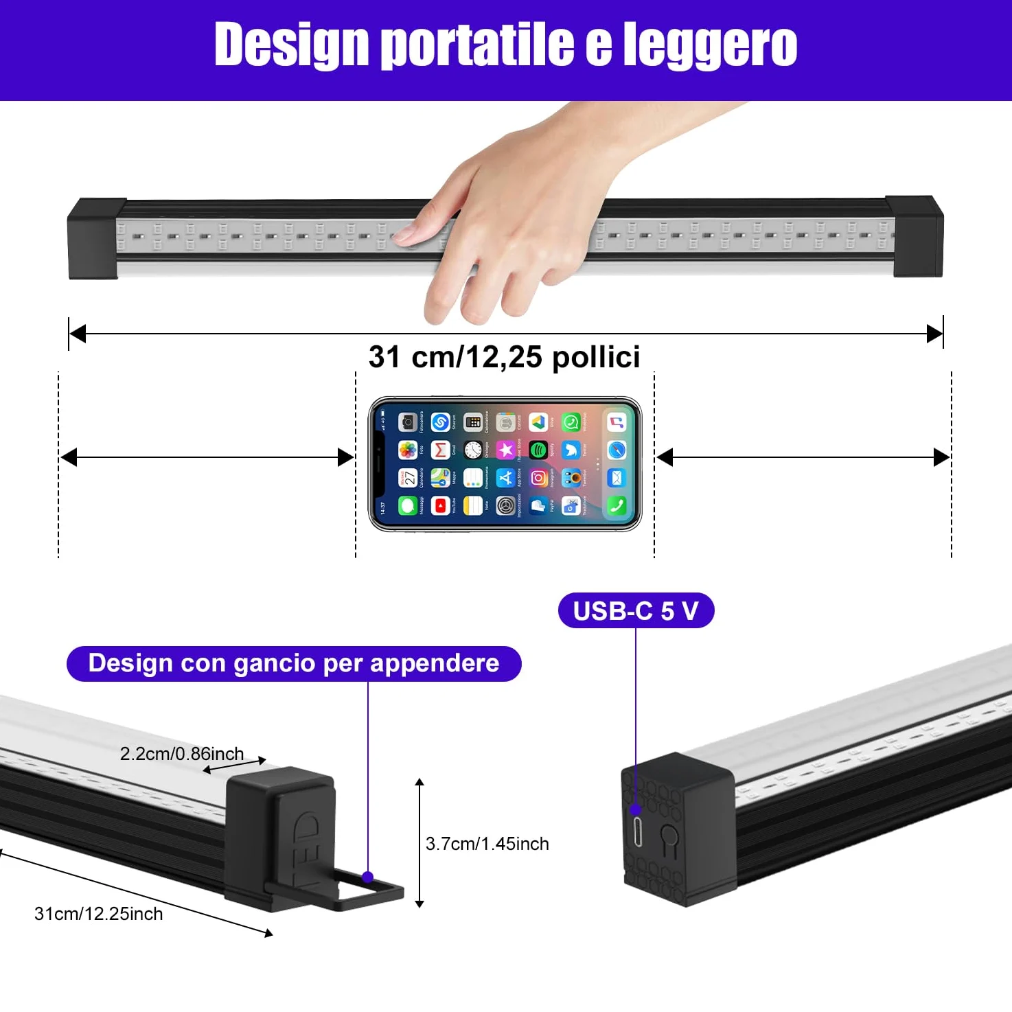 Luce Nera UV 10W - Striscia LED da 31 cm, Lampada a Luce Nera per Discoteca, Festa Luminosa, Decorazione di Halloween, Illuminazione Scenica - Confezione da 2