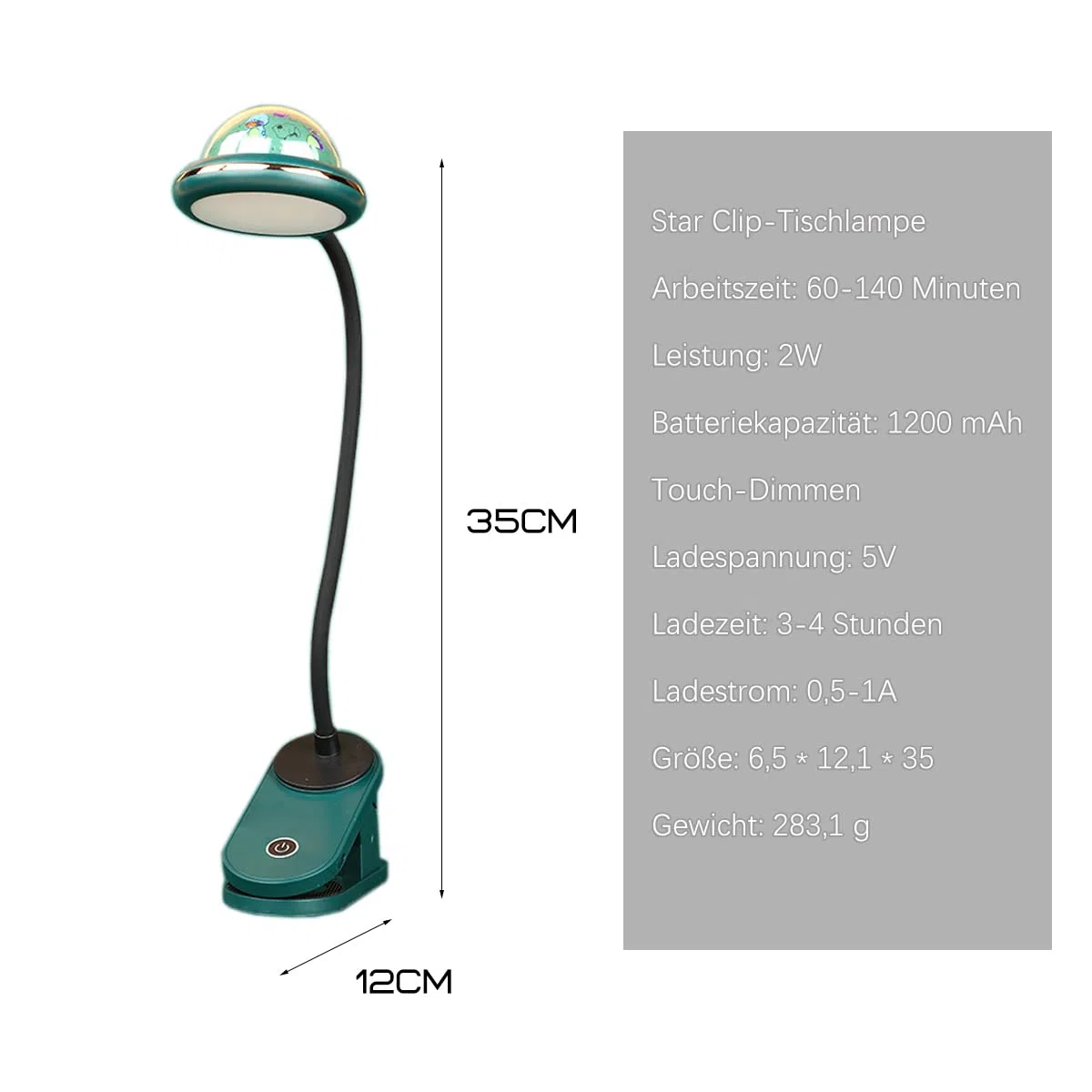 ACMHNC Lampada da Lettura Bambini con Pinza, USB Ricaricabile LED Lampada con Pinza con Proiezione Di Stelle, Verde Lampada da Scrivania Bambini Touch Dimmerabile, 4000K,per lettura, Studio, Letto