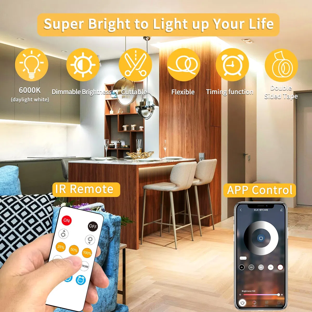 COB - Striscia LED LED 100 piedi bianco caldo strisce LED 3000K con telecomando e applicazione, luci LED COB dimmerabili 24V per camera da letto, TV, specchio, armadietto,