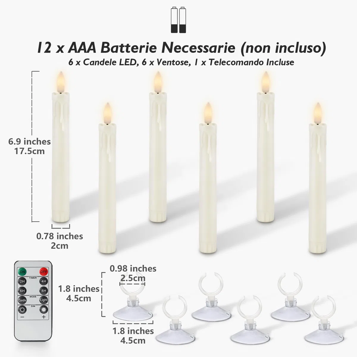 Rhytsing 6 Candele Natale a Batteria con Ventose per Finestre, Candele LED Avorio con Telecomando a Design Gocciolante di Cera - H 17,5 cm