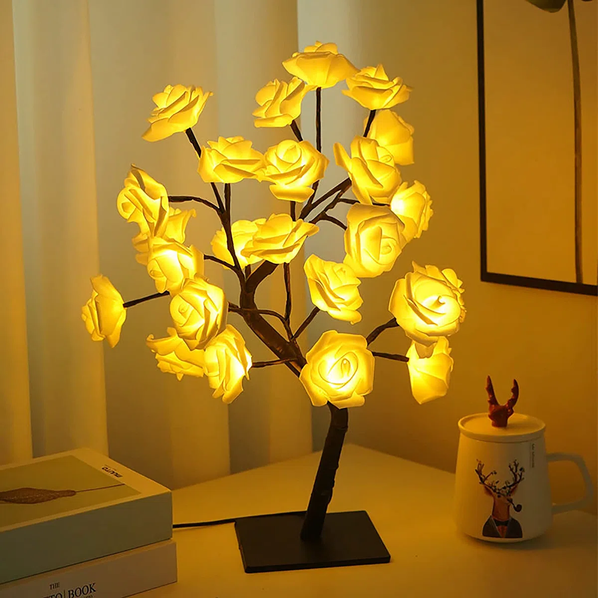 BEIJIALY Lampada Rosa, Lampada Albero Fiore Rosa, Lampada da Tavolo LED Rosa, Luce Notturna LED Rosa Alimentata a Batteria USB, Luce Notturna LED Albero Bonsai Artificiale per Decorazioni(Blu)