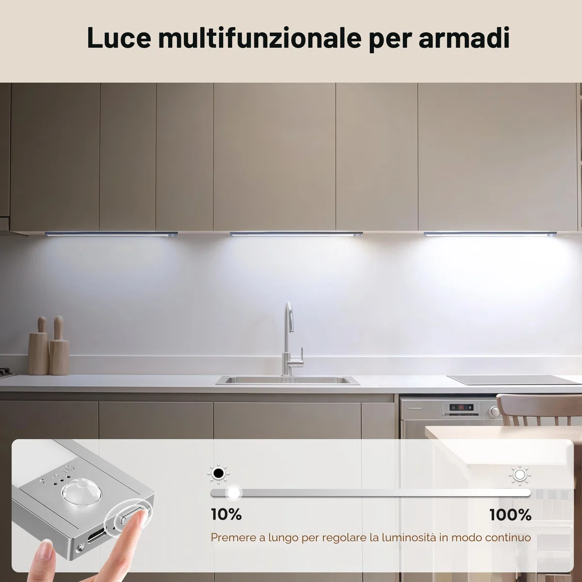 LROLTEF Luce LED Sottopensile Cucina - 40CM Sensore di Movimento per Luce Armadio - 2200mAh Luci Lampada Dimmerabile per Cucina Soggiorno Scale Camere da Letto | 1 Pezzi Argento