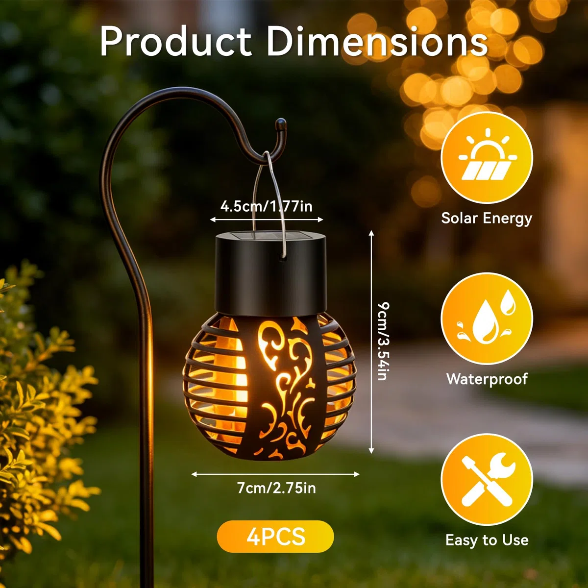 Lampade solari da giardino per esterni, 4 pezzi, a forma di fiamma solare, impermeabile, per esterni, per balcone, terrazza, decorazione da giardino [classe energetica A+++]