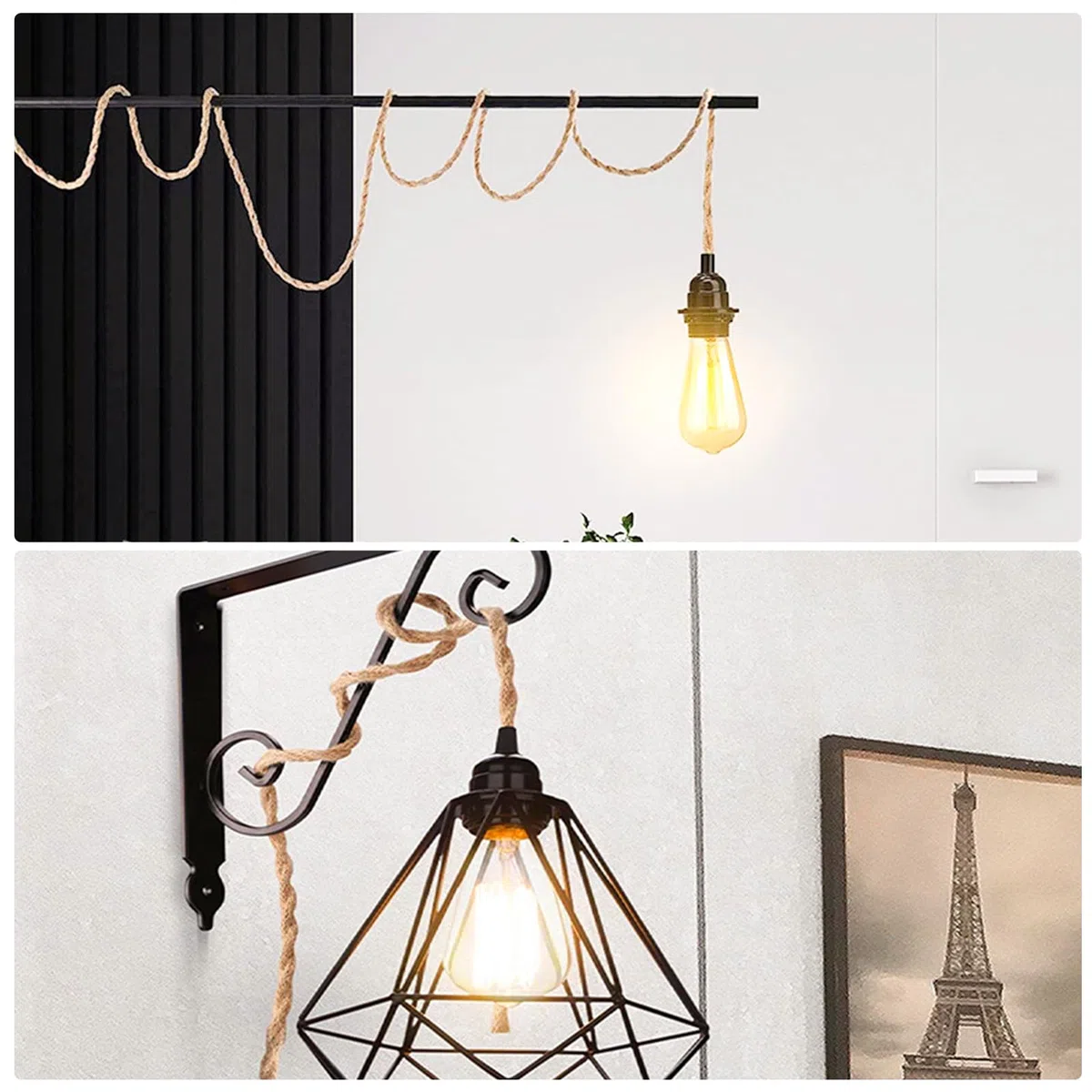 BYZESTY Hanging Kit di Lampade In Corda di Canapa, 3 m Portalampada E27 con Spina E Interruttore, Testa Singola Lampada a Sospensione Cavo Edison Retrò Lampada per DIY Portalampade a Decor