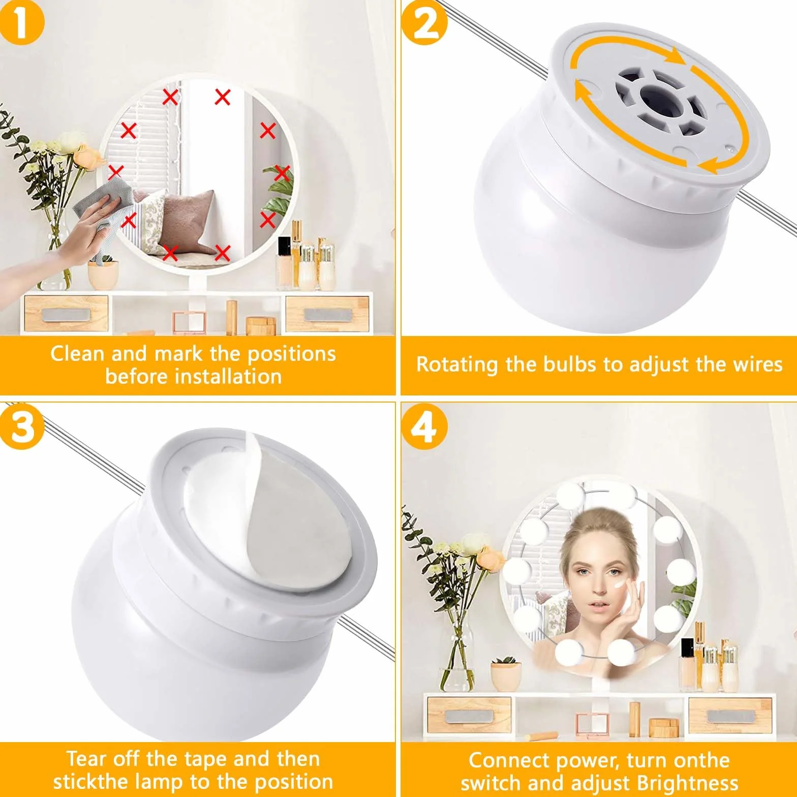 Auauraintt 10 luci LED per specchio dimmerabili Hollywood, 3 colori regolabili, lampada da toeletta, lampada da trucco, adatta per specchio da trucco, spogliatoio, bagno [classe energetica F]