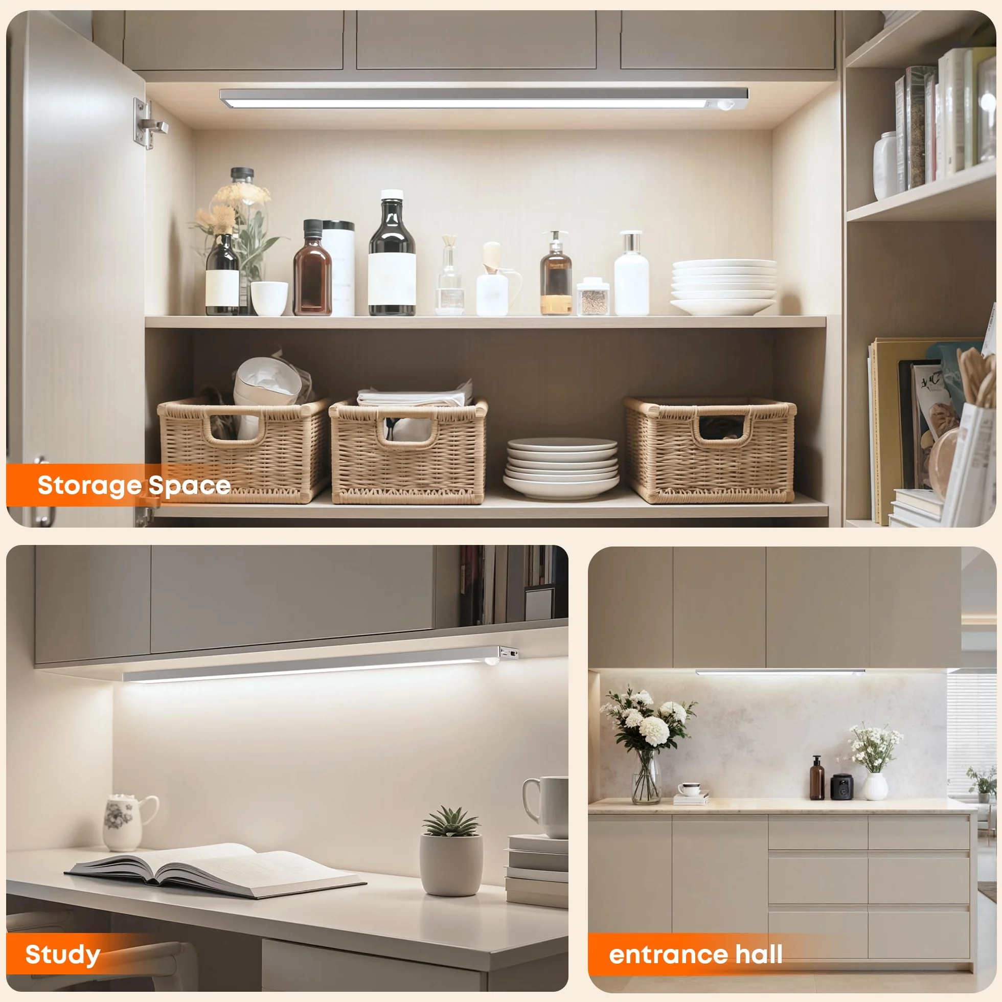 LROLTEF Luce LED Sottopensile Cucina - 40CM Sensore di Movimento per Luce Armadio - 2200mAh Luci Lampada Dimmerabile per Cucina Soggiorno Scale Camere da Letto | 1 Pezzi Argento