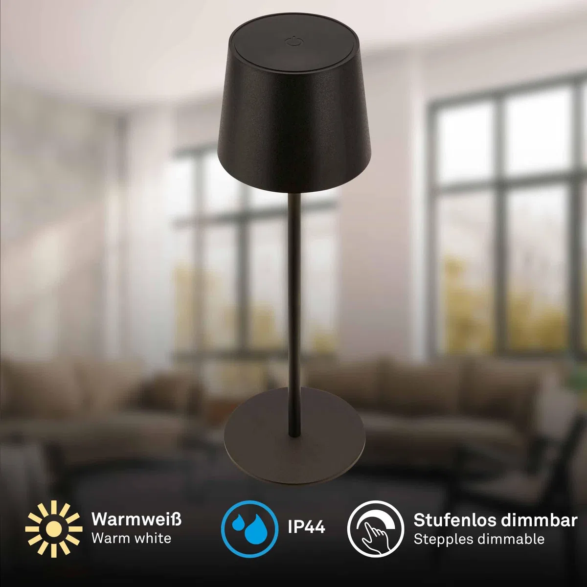 BRILONER - Lampada da tavolo LED senza fili IP44 con touch, dimmerabile, batteria e sorgente luminosa sostituibili, da comodino, campeggio, per esterni, 11 x 33 cm, nero