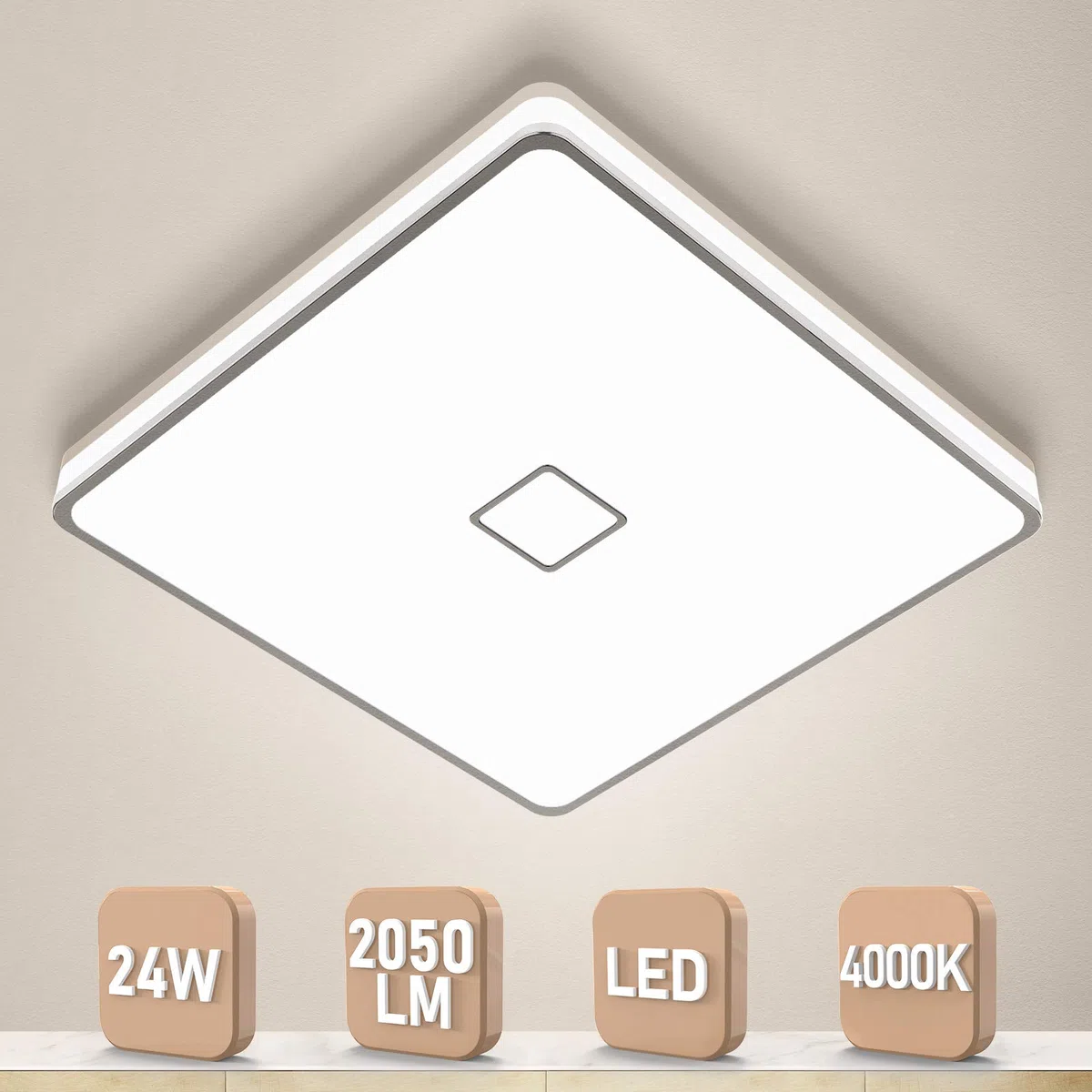 Plafoniera Led Moderna Lampada da Soffitto Airand 24W 2050LM Quadrata Led Luce per Bagno Soggiorno Cucina Camera da letto Sala Corridoio Ufficio Cantina e più,IP44 Impermeabile,Bianco Naturale,Ø 32cm