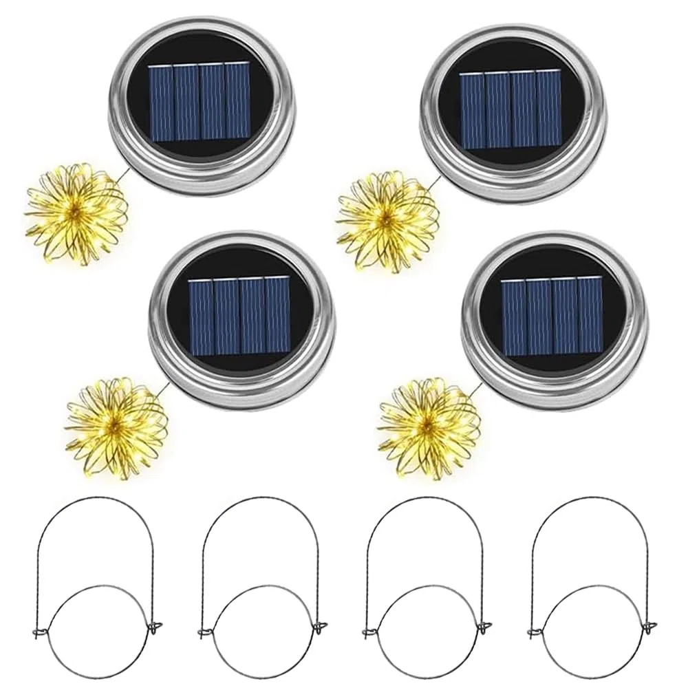 4 pezzi di ricambio per luci solari, Mason Jar, lanterna coperchio, lampada solare Mason Jar Light, lampada solare per esterni, con 30 lampade a LED e ganci, coperchio per giardino, albero