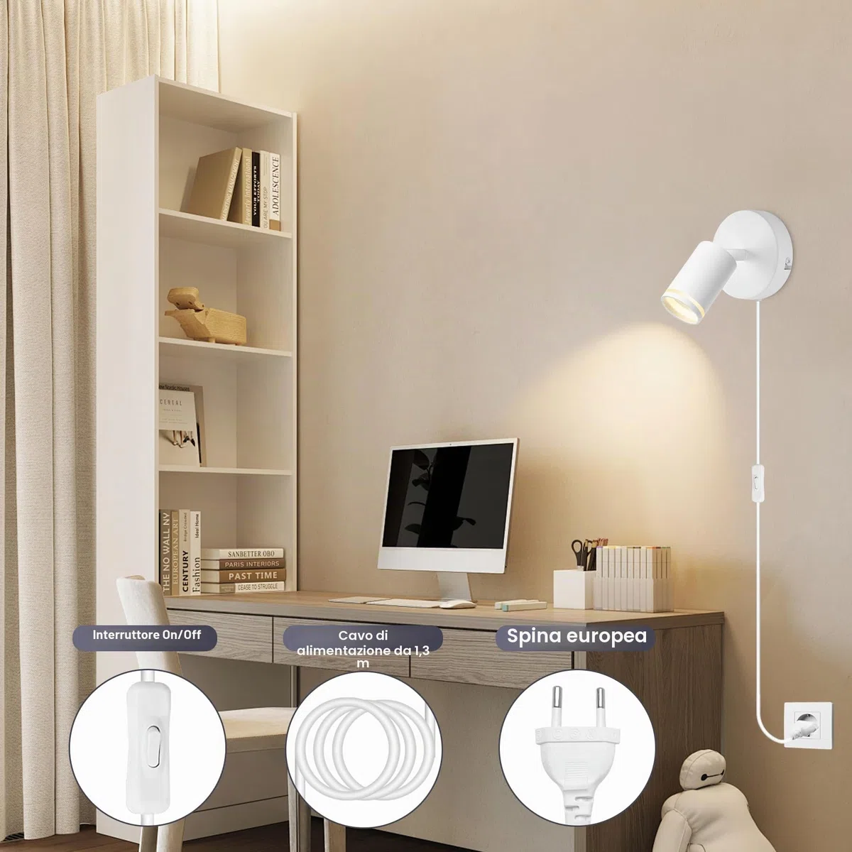 Applique da Parete Interno Moderna, Bianco Applique LED da Parete Orientabile, GU10 Lampada da Parete Interno con Spina Interruttore, Alluminio Lampade da Muro per Camera da Letto Soggiorno