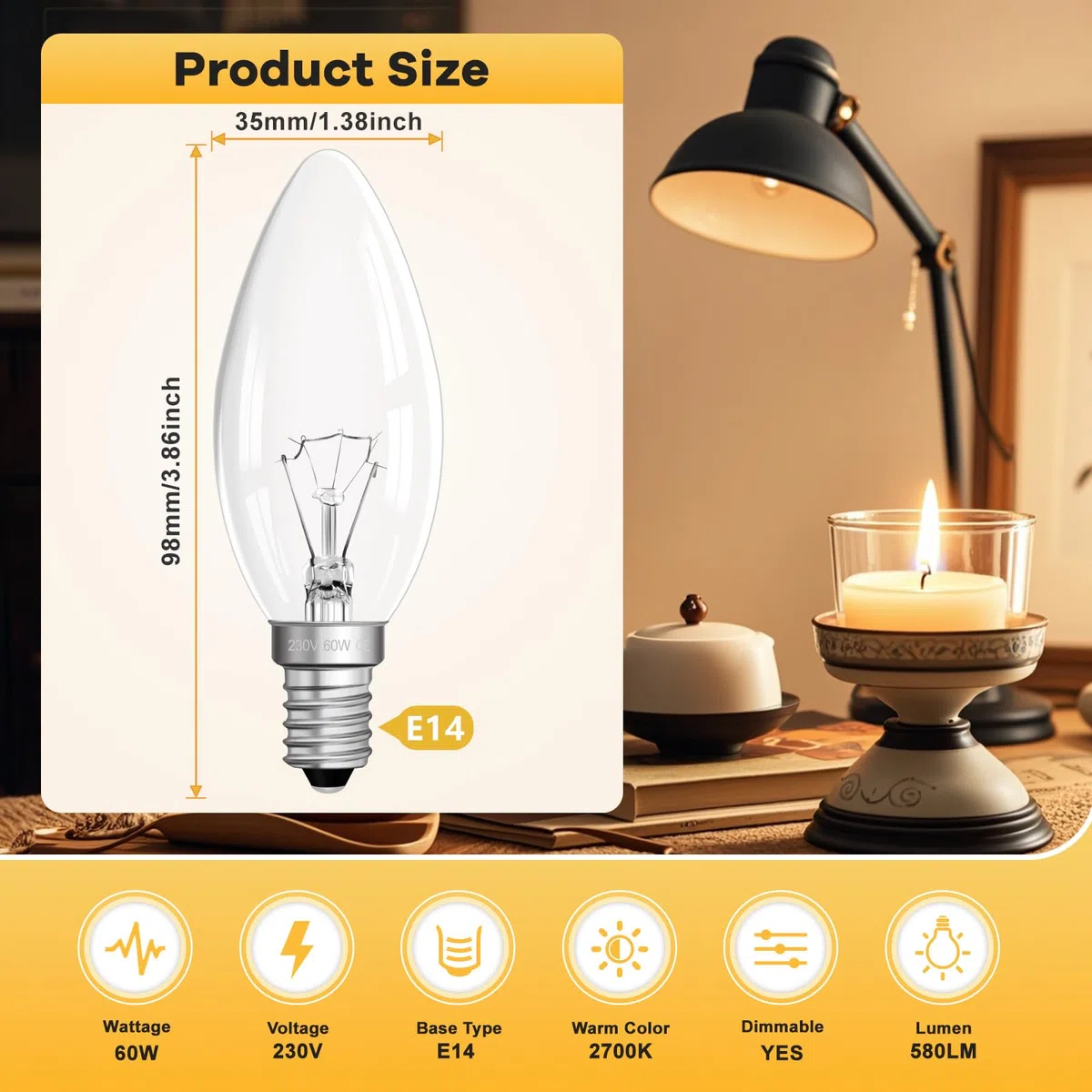 Morotty Lampadina a Candela E14 230V, Lampadine Candela Luce Calda 2700K, Lampadina Candela Dimmerabile, Lampadina C35 E14 per Lampadario, Lampada a Muro, Luce di Cristallo, 10 Pezzi
