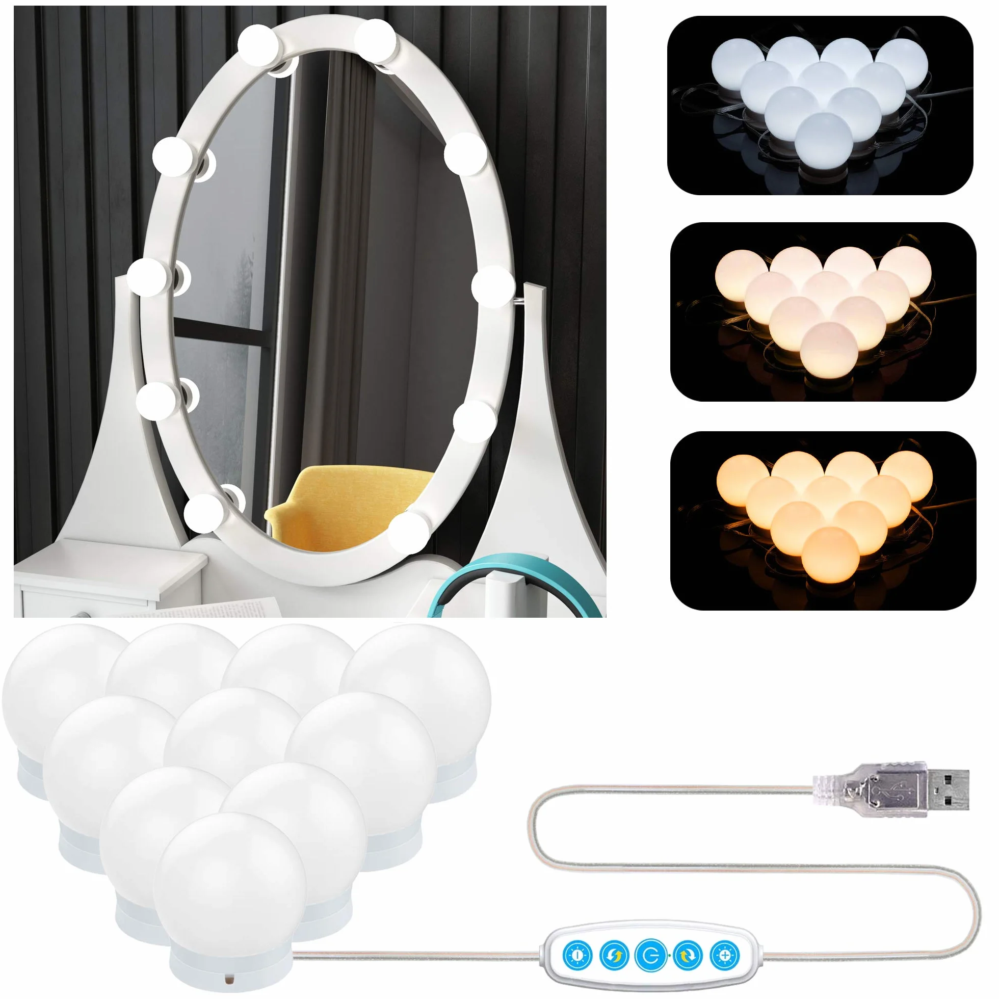Aourow Luci da Specchio a LED in Stile Hollywood,Lampade da Toeletta con 10 Lampadine Dimmerabili,Lampada da Trucco a LED 5 Modalità Colore e 6 Luminosità per Specchio Cosmetico
