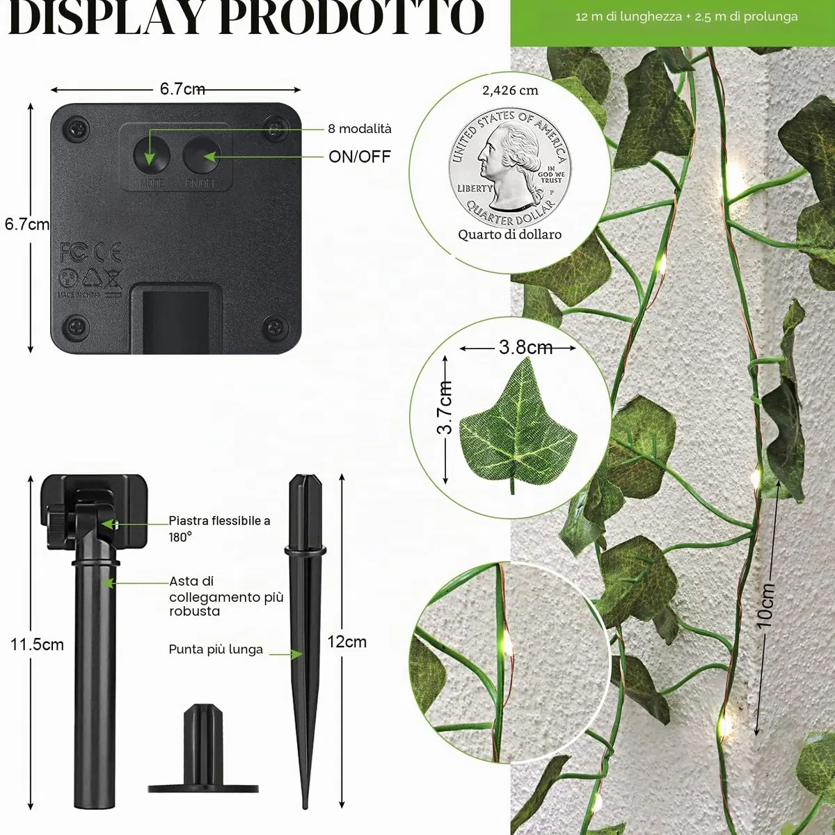 A.bigwhale Catena luminosa per esterni, a energia solare, con 120 luci a LED, per esterni, 12 m, resistente alle intemperie, 8 modalità per giardino, balcone, terrazza, camera
