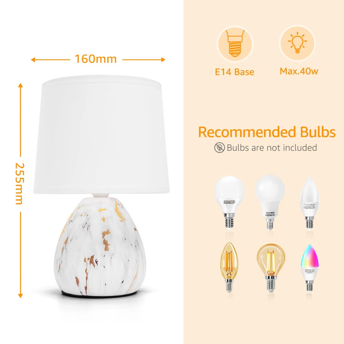 Aigostar Lampada da Tavolo in Ceramica, Moderna Lampada da Comodino con Paralume in Tessuto, Attacco E14, max.40W, Abat Jour da Comodino per Camera da Letto, Soggiorno (senza Lampadina) -H255mm