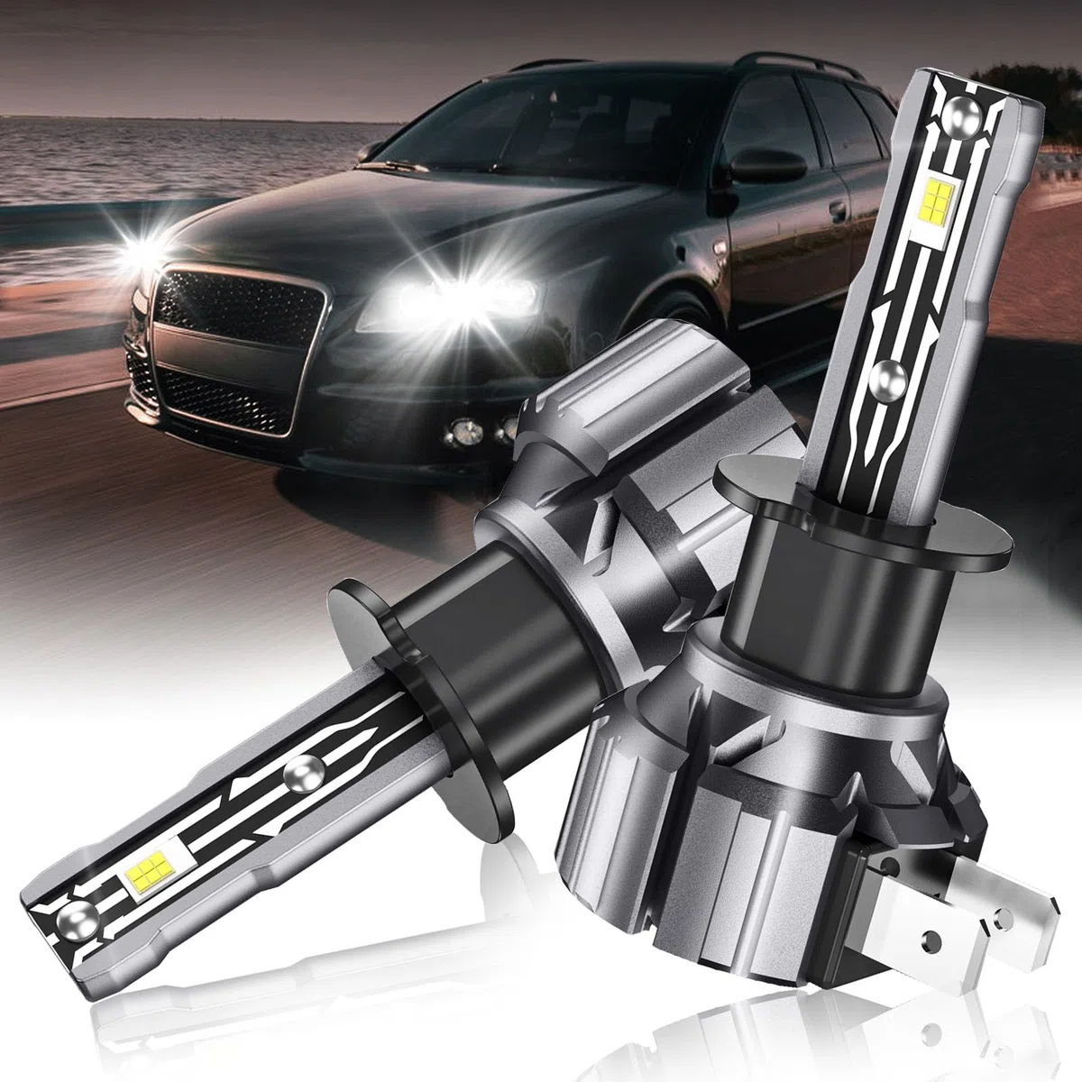 JOSHF Lampadina H3 LED, 20000LM 80W CSP 6000K Lampada Fari Bianchi Auto, Led H3 Ricambio Lampadine Alogena,Come Abbaglianti/Anabbaglianti/Luci Antinebbia,2Lampadine