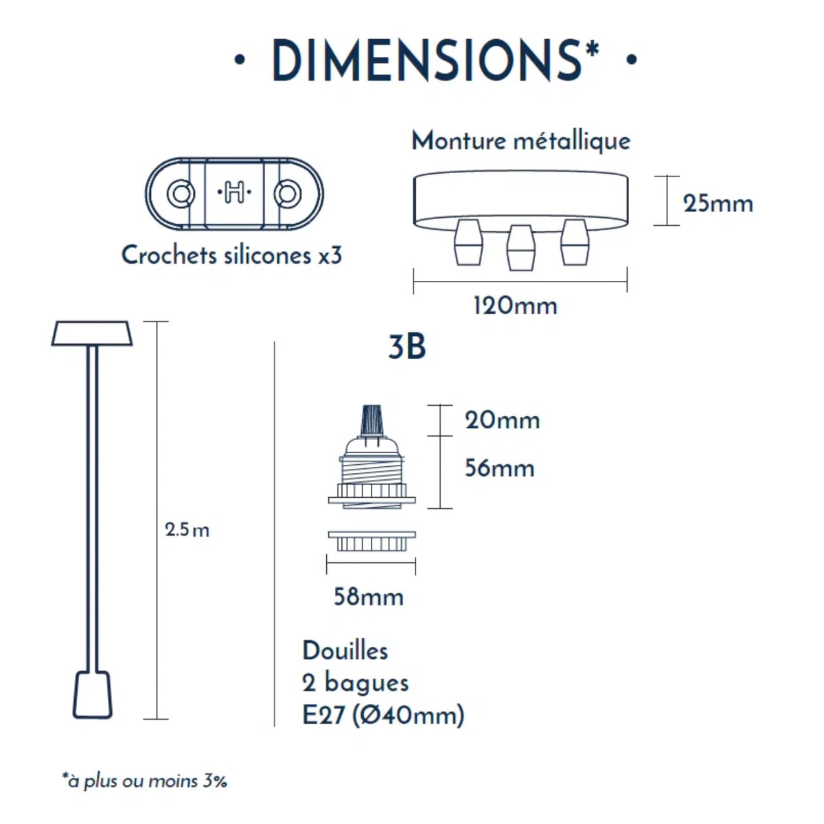 Hoopzi - Hang 3 - Lampadario a Sospensione - 2,5 Metri - Cavo Elettrico Tessuto - 3 X Portalampada E27 - Per Camera da Letto, Soggiorno, Cucina - Corda e bianco