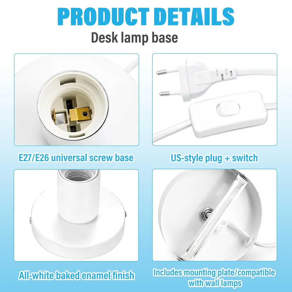 2 lampade da scrivania E27, portalampada con interruttore, portalampada E27, con cavo di alimentazione da 1,8 m, base per lampada da tavolo con spina europea, per camera da letto