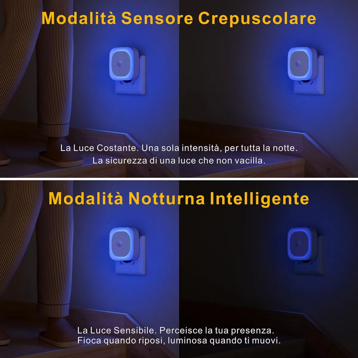 YUNLEX Luce Notturna da Presa con Sensore di Movimento, 3 modalità di sensore, [2 Pezzi] luci notturne dimmerabili per Camera dei Bambini, Bagno, Cucina, Scale, camera da letto, Blu